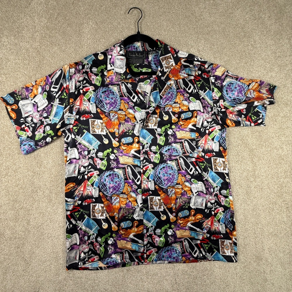 Vintage 1992 Nicole Miller Silk Novelty Print Shirt Molson Beer Disco Ball Small